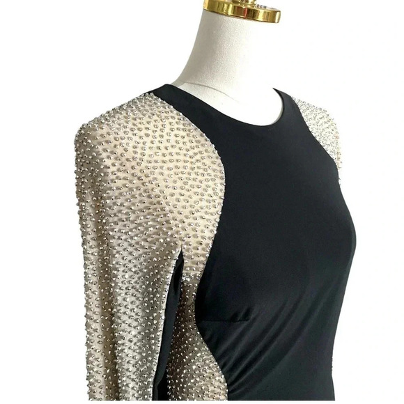 XSCAPE | Crystals Embellished Mesh-Trimmed Sheath Black Evening Dress Size 10 - Picture 10 of 14